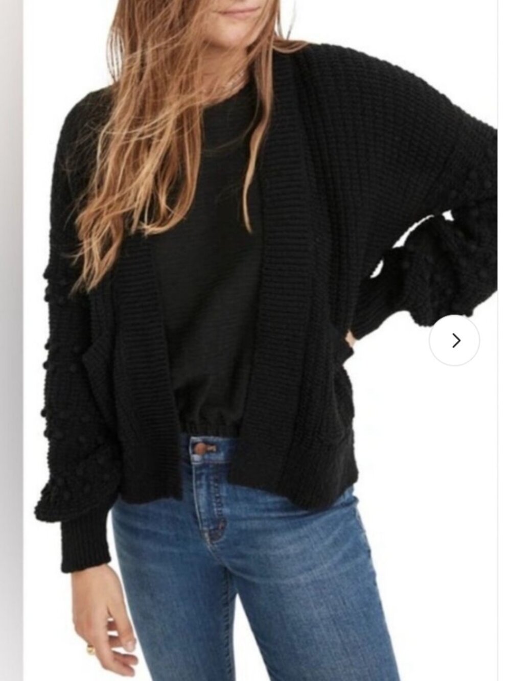 Madewell Bobbie Black Open Front Pom-Pom Sleeve Knit Cardigan Size XL